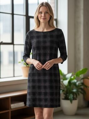 Vince Camuto Black Metallic Plaid Dress